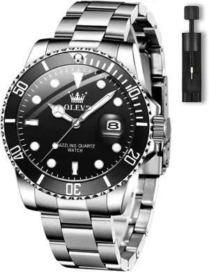fifty hook Watches for Men, Classic Rotatable Bezel Men's Cuff Watches, Blue/Green/Black Dial OLEVS Men's Watches with Date, Premium Gold and Silver Stainless Steel Analog 