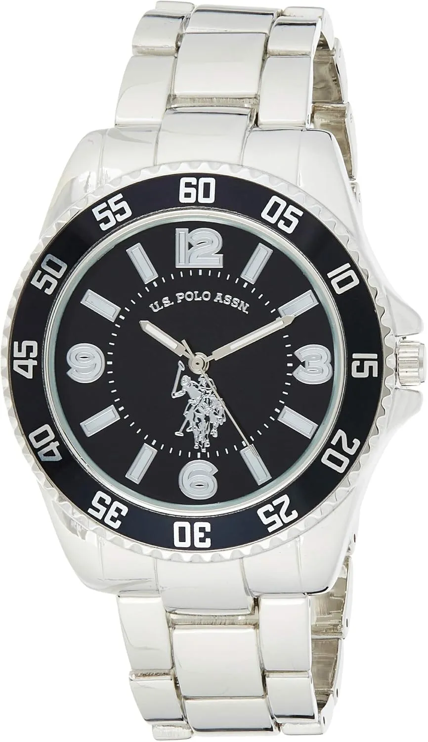 Fits Wrists 5.5" to 8 U.S. Polo Assn. percussion saddle Men's Analog Stainless Steel Watch with Black Dial and Rotating Bezel ?C Sleek Design, Adjustable Band, and Water-Resistant ?C 