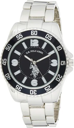 Fits Wrists 5.5" to 8 U.S. Polo Assn. percussion saddle Men's Analog Stainless Steel Watch with Black Dial and Rotating Bezel ?C Sleek Design, Adjustable Band, and Water-Resistant ?C 