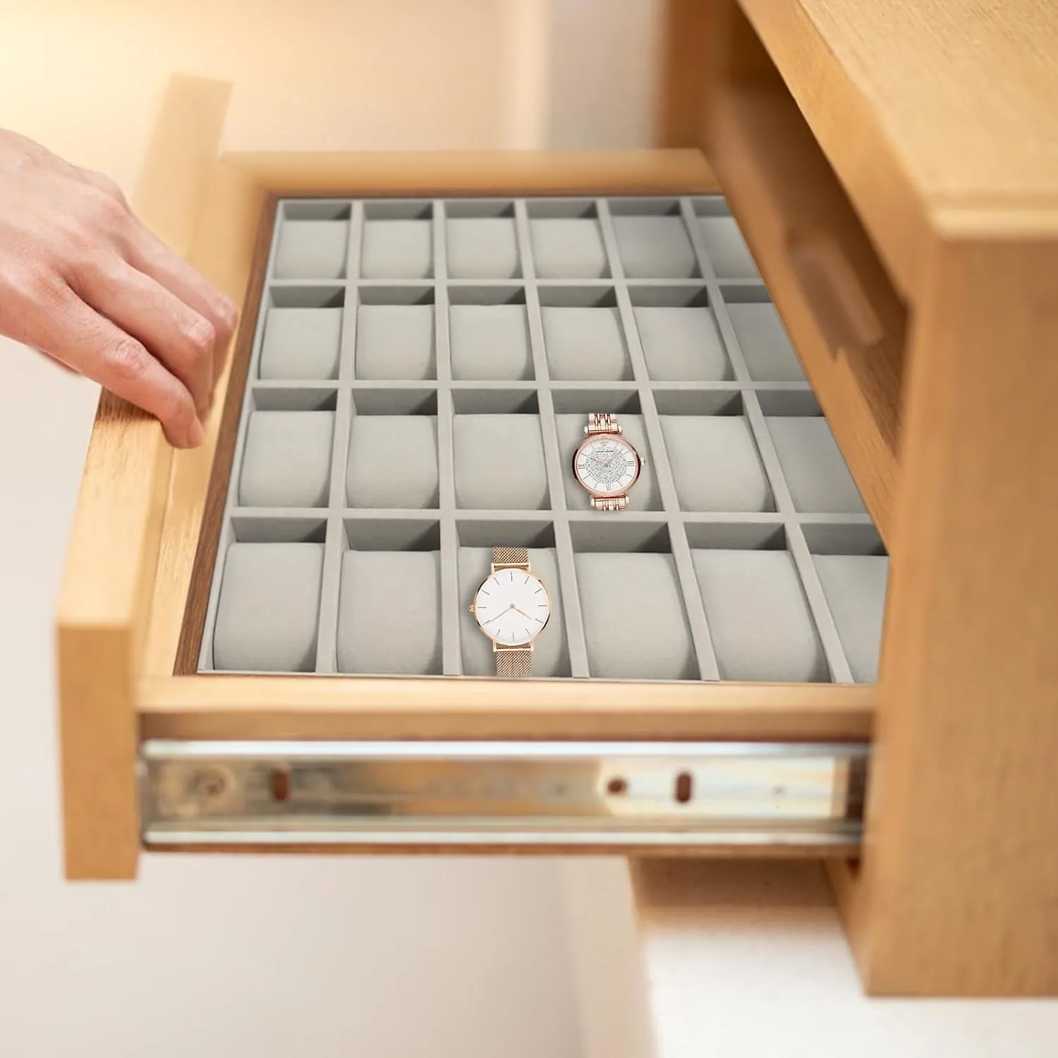 for Closet, Dressing Table, Storage Display Window 24 Slot Watch topical haphazardly Display Box, Jewelry Display Storage Box, Big Watch Collection Case, Watch Organizer Tray for Retail, Removable Pillow Velvet Lining 
