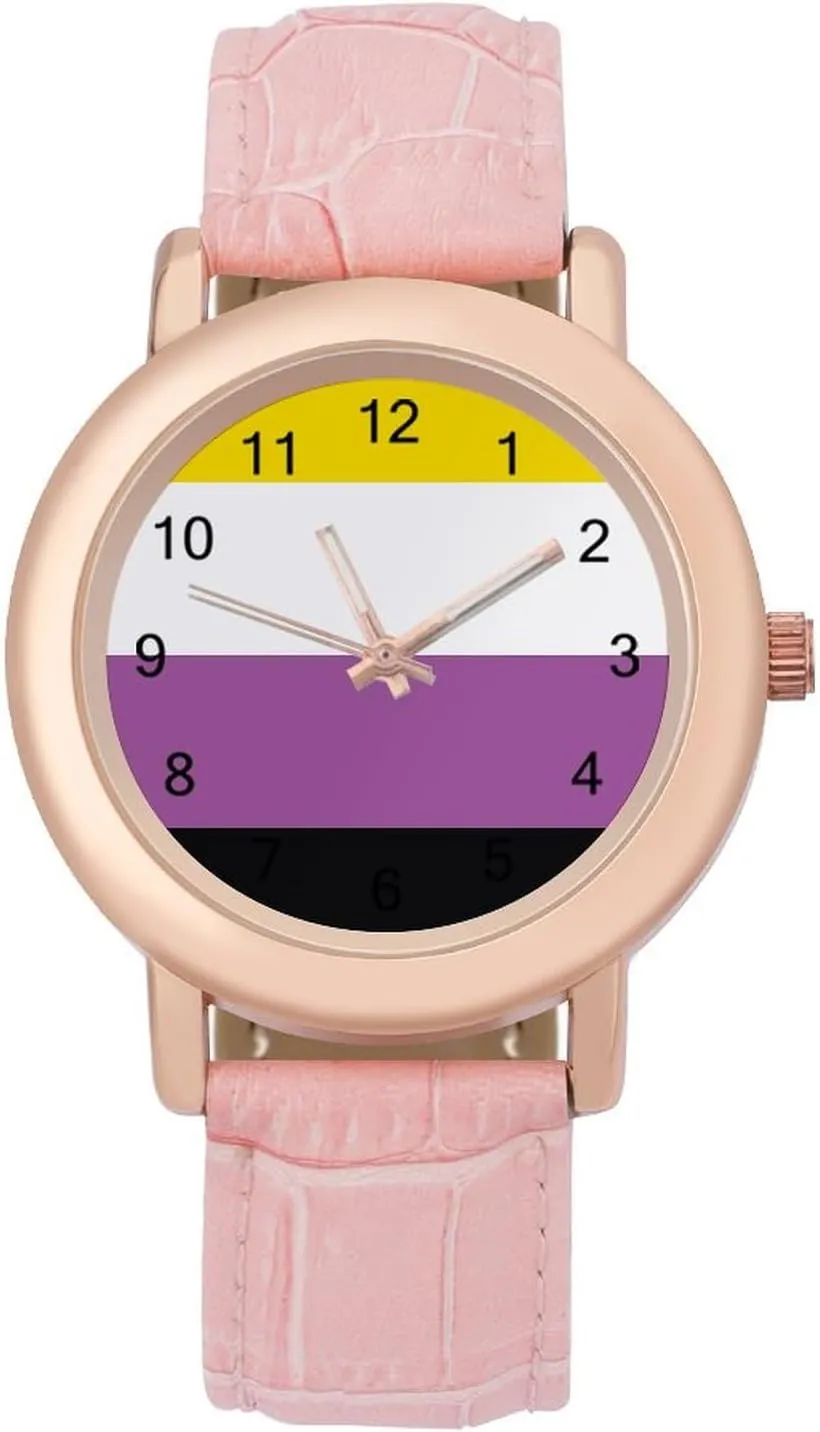 for Ladies proudly Non-Binary Pride Community Flag Wrist Watches for Women Pink Leather Band Watch Fashion Three-Hand Watch Gift 