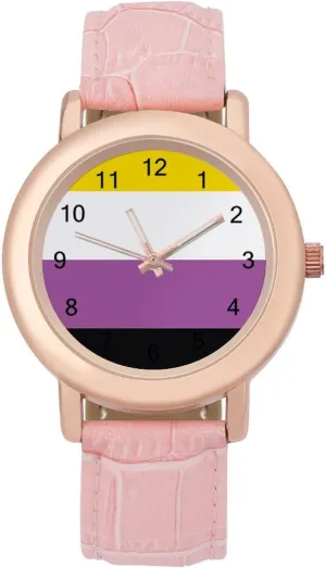 for Ladies proudly Non-Binary Pride Community Flag Wrist Watches for Women Pink Leather Band Watch Fashion Three-Hand Watch Gift 