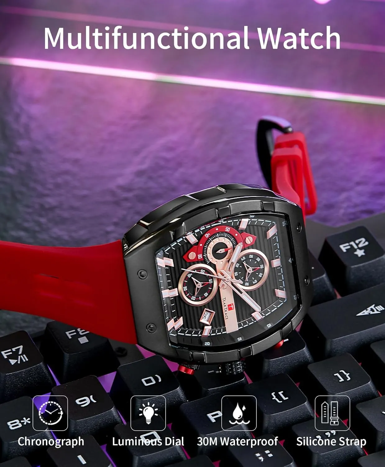 for Men Analog Quartz Waterproof Sport Men??s Watch Tonneau Chronograph Luminous Fashionable Unique Casual Watch with Silicone Strap stem honeycomb Watches 