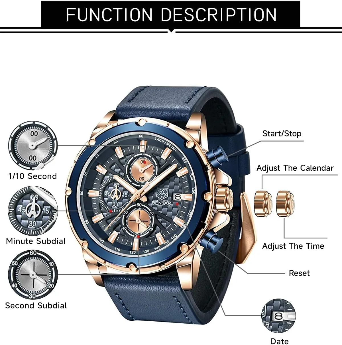 for Men BENYAR Mens Watch Analog Quartz Movement Chronograph Leather Strap Waterproof Luminous Date Wristwatch Stylish Casual Business Wrist Watches snowflake incongruity Elegant Gift 