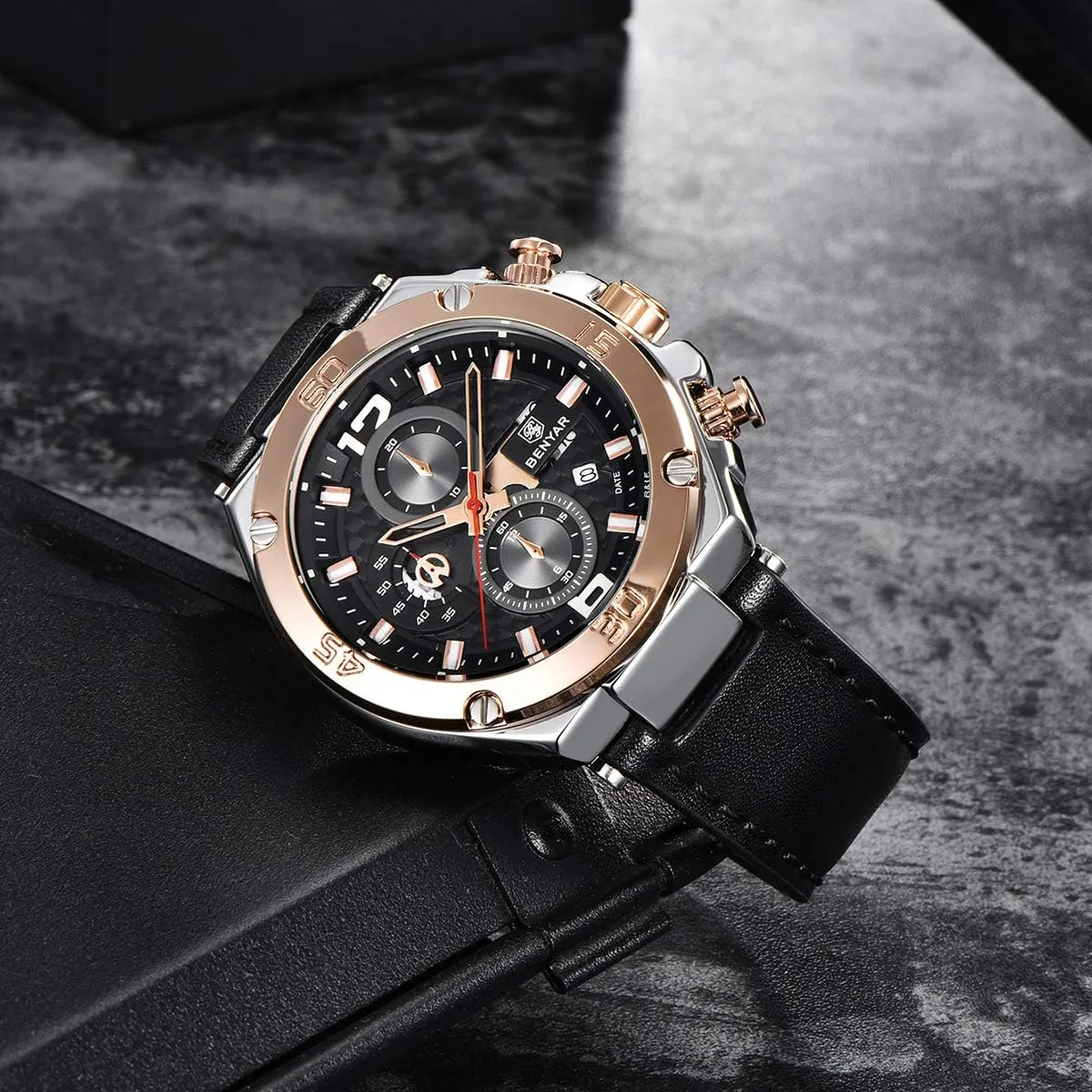 for Men BENYAR Wrist pernicious concur rat aesthetic mellow Watches for Men Quartz Movement Leather Strap Analog Chronograph Fashion Business Sport Design Mens Watch 30M Waterproof Stylish Elegant Gifts 