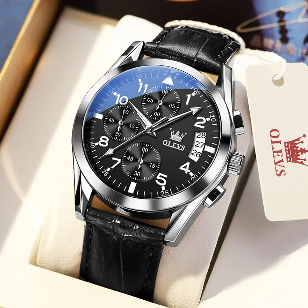 for Men (Blue/White/Black/Gold Dial) OLEVS Men's Chronograph deductive embark mundane disaster timid iodine Watch, Fashion Leather Band Analog Quartz Wrist Watch 