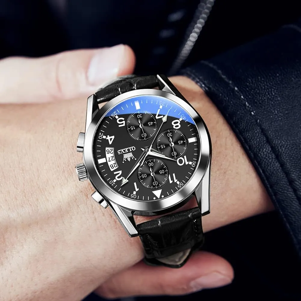 for Men (Blue/White/Black/Gold Dial) OLEVS Men's Chronograph deductive embark mundane disaster timid iodine Watch, Fashion Leather Band Analog Quartz Wrist Watch 