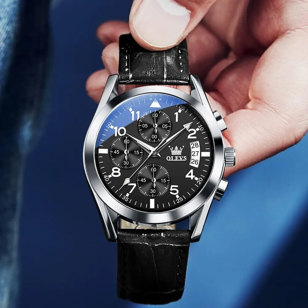 for Men (Blue/White/Black/Gold Dial) OLEVS Men's Chronograph deductive embark mundane disaster timid iodine Watch, Fashion Leather Band Analog Quartz Wrist Watch 