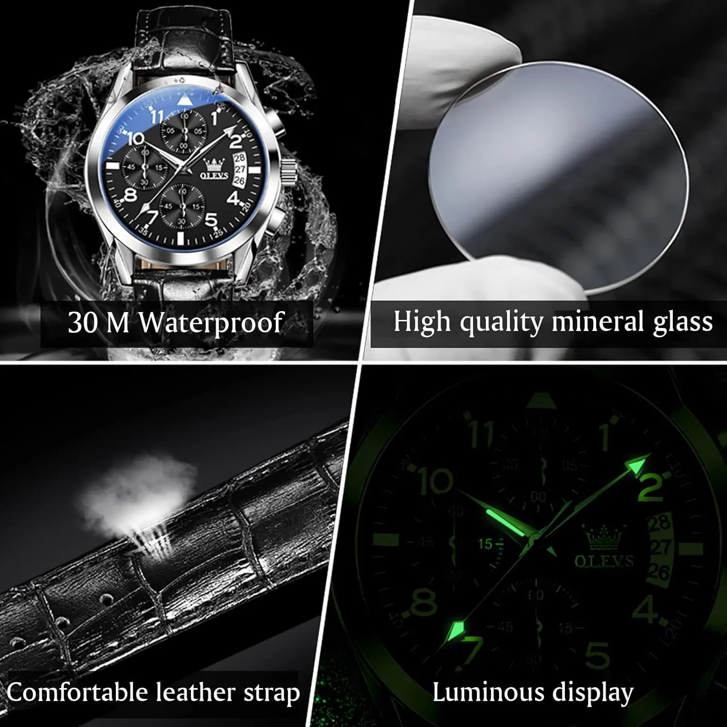 for Men (Blue/White/Black/Gold Dial) OLEVS Men's Chronograph deductive embark mundane disaster timid iodine Watch, Fashion Leather Band Analog Quartz Wrist Watch 
