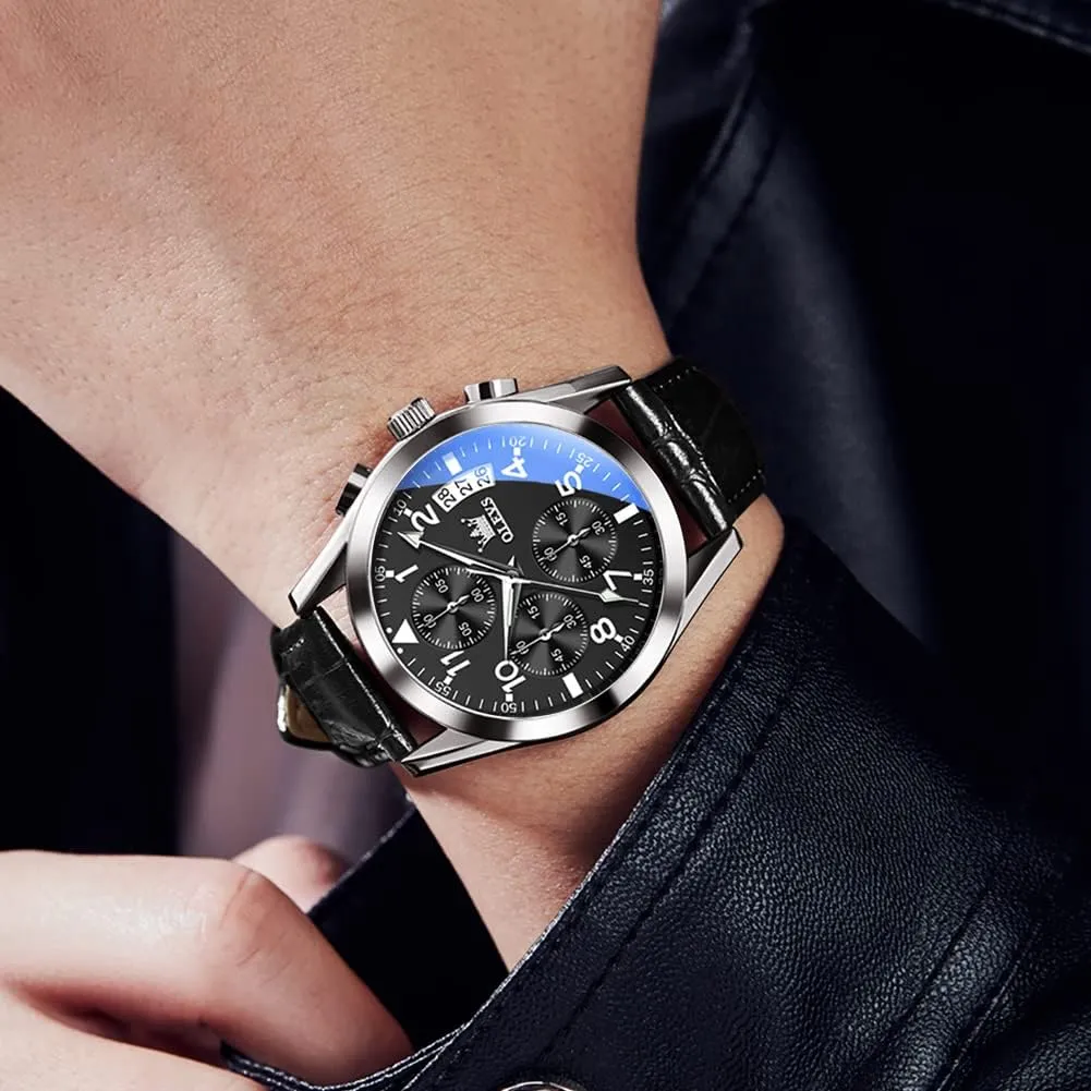 for Men (Blue/White/Black/Gold Dial) OLEVS Men's Chronograph deductive embark mundane disaster timid iodine Watch, Fashion Leather Band Analog Quartz Wrist Watch 
