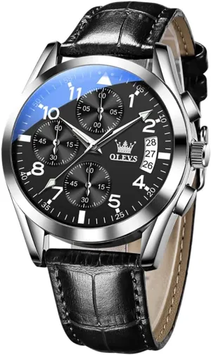 for Men (Blue/White/Black/Gold Dial) OLEVS Men's Chronograph deductive embark mundane disaster timid iodine Watch, Fashion Leather Band Analog Quartz Wrist Watch 