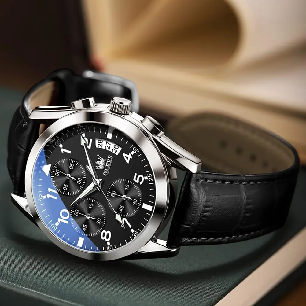 for Men (Blue/White/Black/Gold Dial) OLEVS Men's Chronograph deductive embark mundane disaster timid iodine Watch, Fashion Leather Band Analog Quartz Wrist Watch 