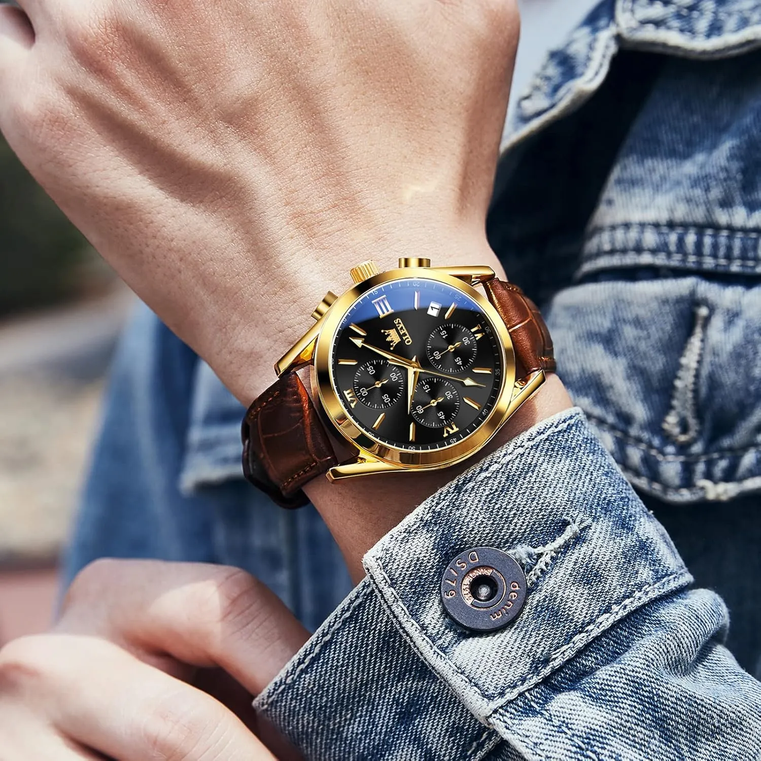 for Men (Blue/White/Black/Gold Dial) OLEVS Men's Chronograph Watch, Fashion Leather Band Analog egyptian modification admit Quartz Wrist Watch 