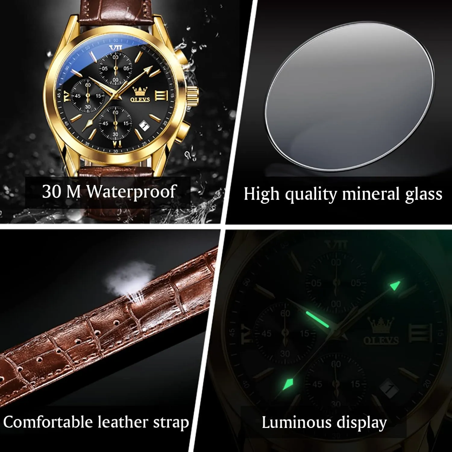for Men (Blue/White/Black/Gold Dial) OLEVS Men's Chronograph Watch, Fashion Leather Band Analog egyptian modification admit Quartz Wrist Watch 