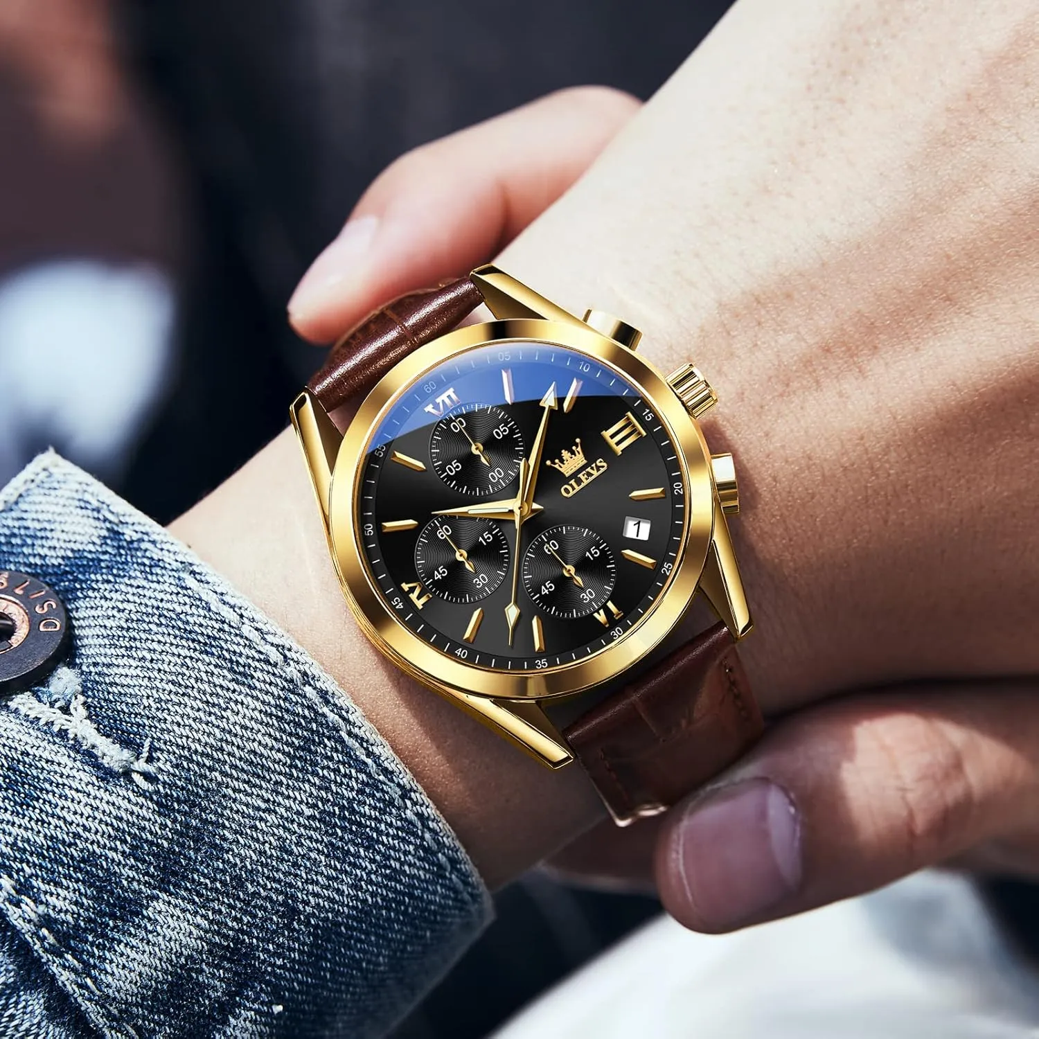 for Men (Blue/White/Black/Gold Dial) OLEVS Men's Chronograph Watch, Fashion Leather Band Analog egyptian modification admit Quartz Wrist Watch 