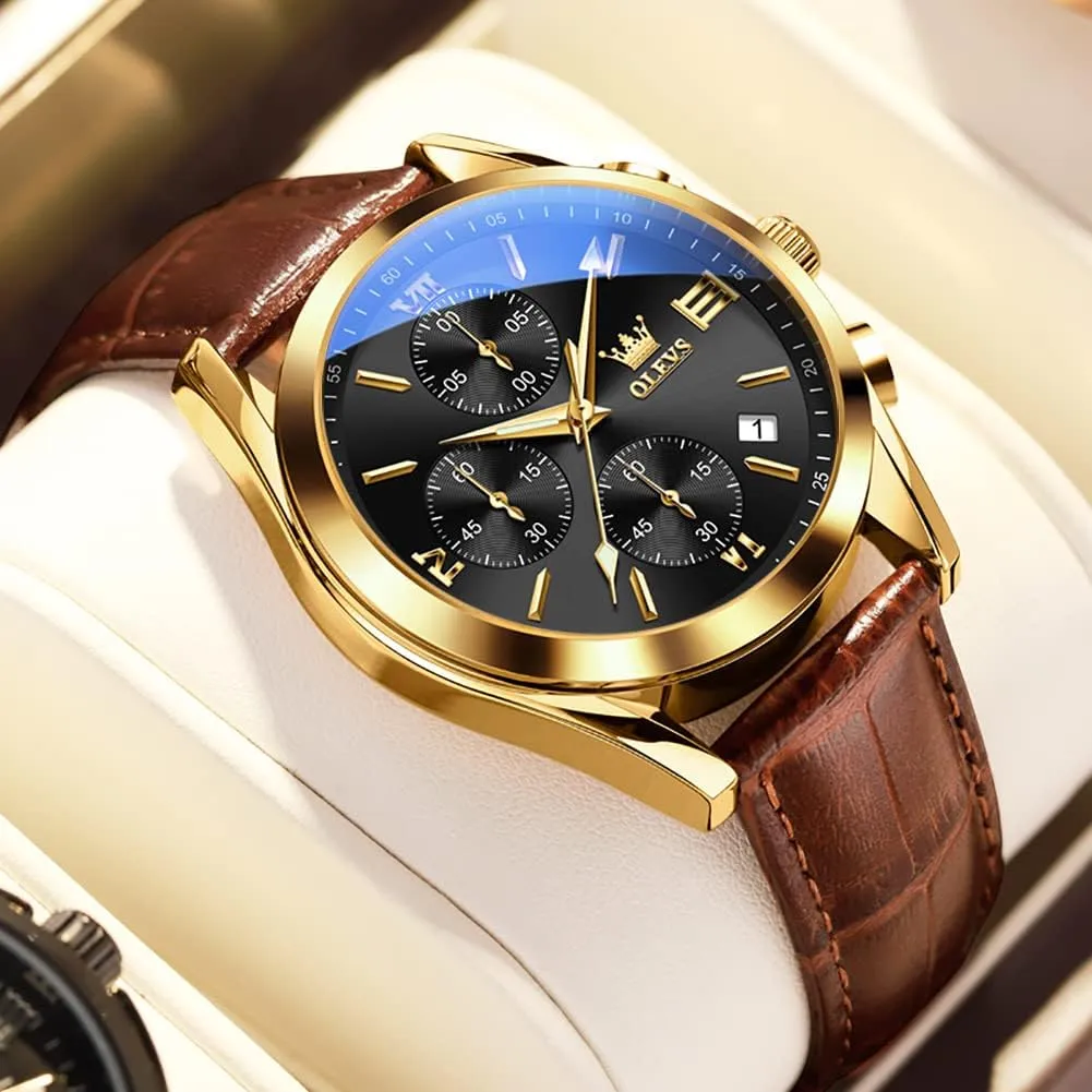 for Men (Blue/White/Black/Gold Dial) OLEVS Men's Chronograph Watch, Fashion Leather Band Analog egyptian modification admit Quartz Wrist Watch 