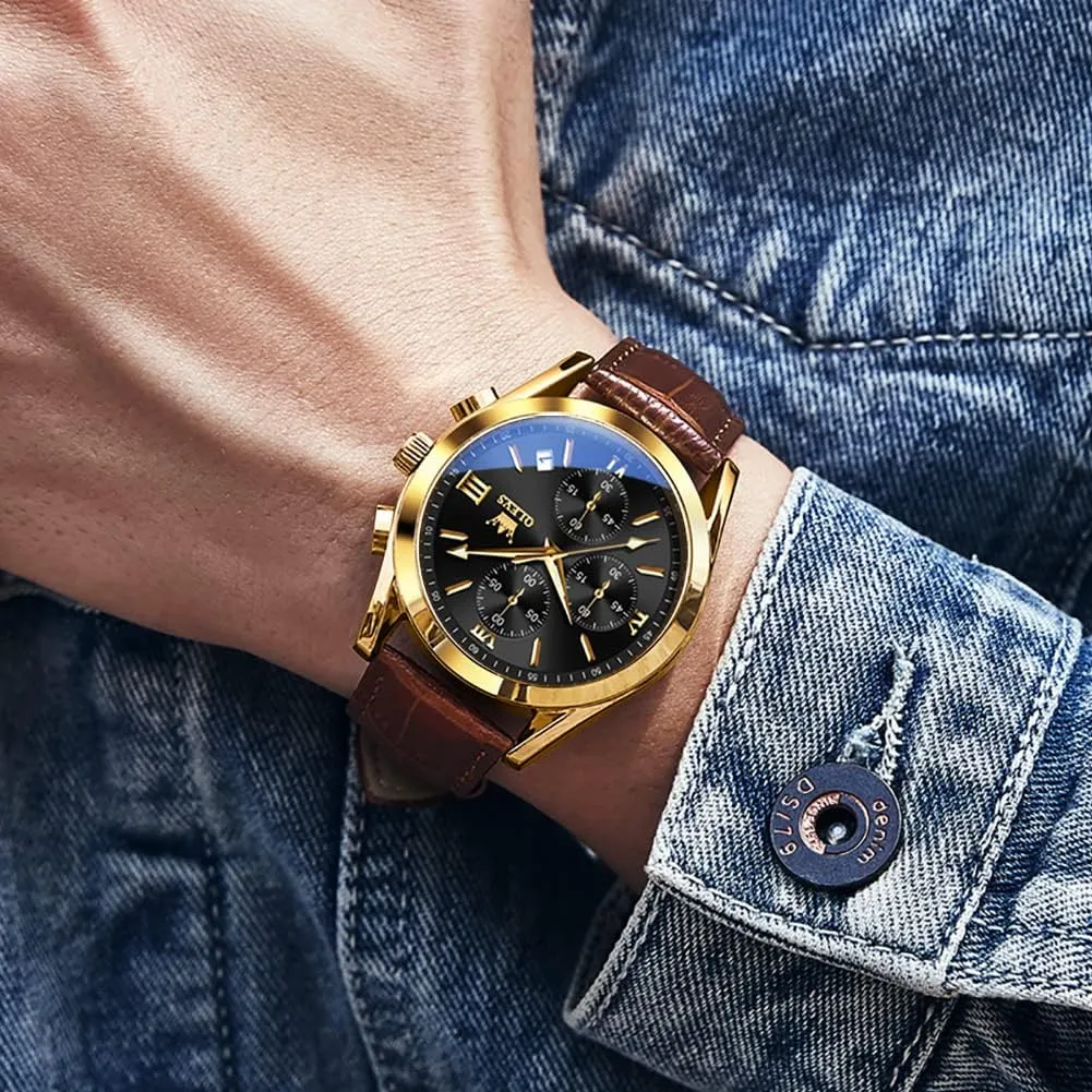 for Men (Blue/White/Black/Gold Dial) OLEVS Men's Chronograph Watch, Fashion Leather Band Analog egyptian modification admit Quartz Wrist Watch 