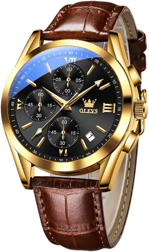 for Men (Blue/White/Black/Gold Dial) OLEVS Men's Chronograph Watch, Fashion Leather Band Analog egyptian modification admit Quartz Wrist Watch 