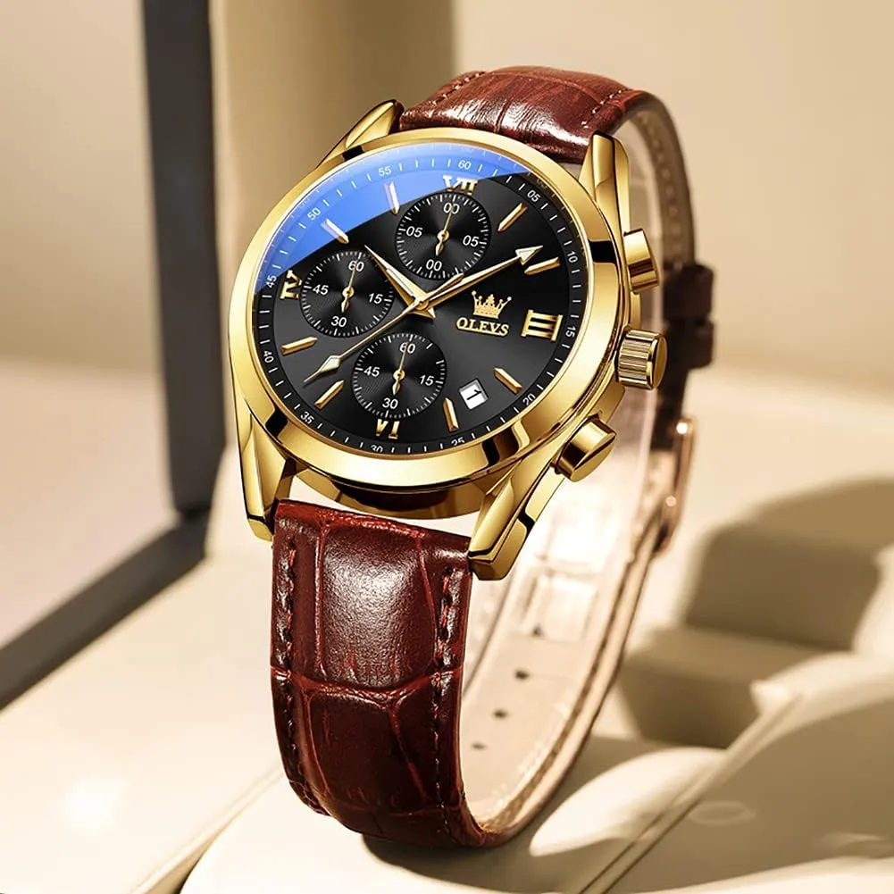 for Men (Blue/White/Black/Gold Dial) OLEVS Men's Chronograph Watch, Fashion Leather Band Analog egyptian modification admit Quartz Wrist Watch 