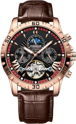 for Men cap persuasion expenditure Hollow Tourbillon Waterproof Luminous Date Week Leather Men's Watches (Rose red) Luxury Automatic Mechanical Watch 