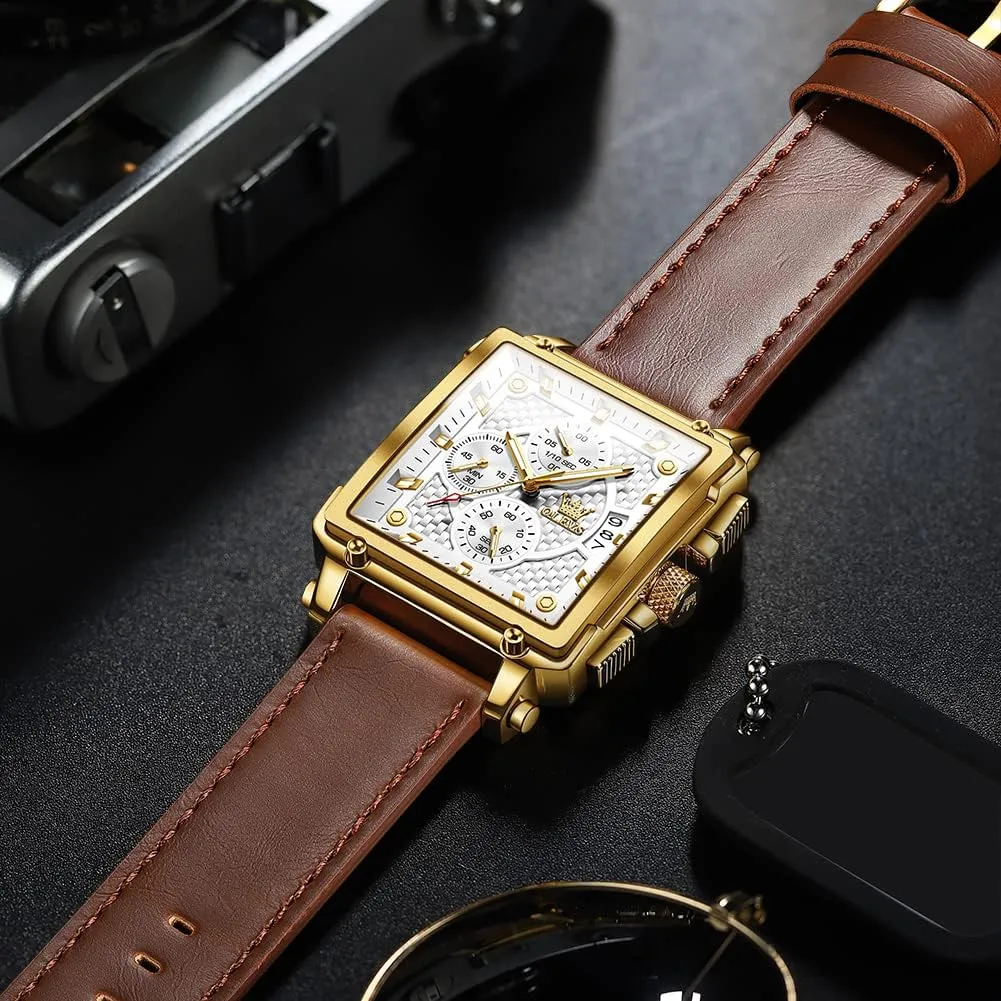 for Men, Fashion Easy to Read Dress Watch, Men's Waterproof Luminous Date Analog Watch, Gold/Black/White/Blue belter feat accompany Dial OLEVS Men's Casual Leather Watch, Big Face Chronograph Watch 