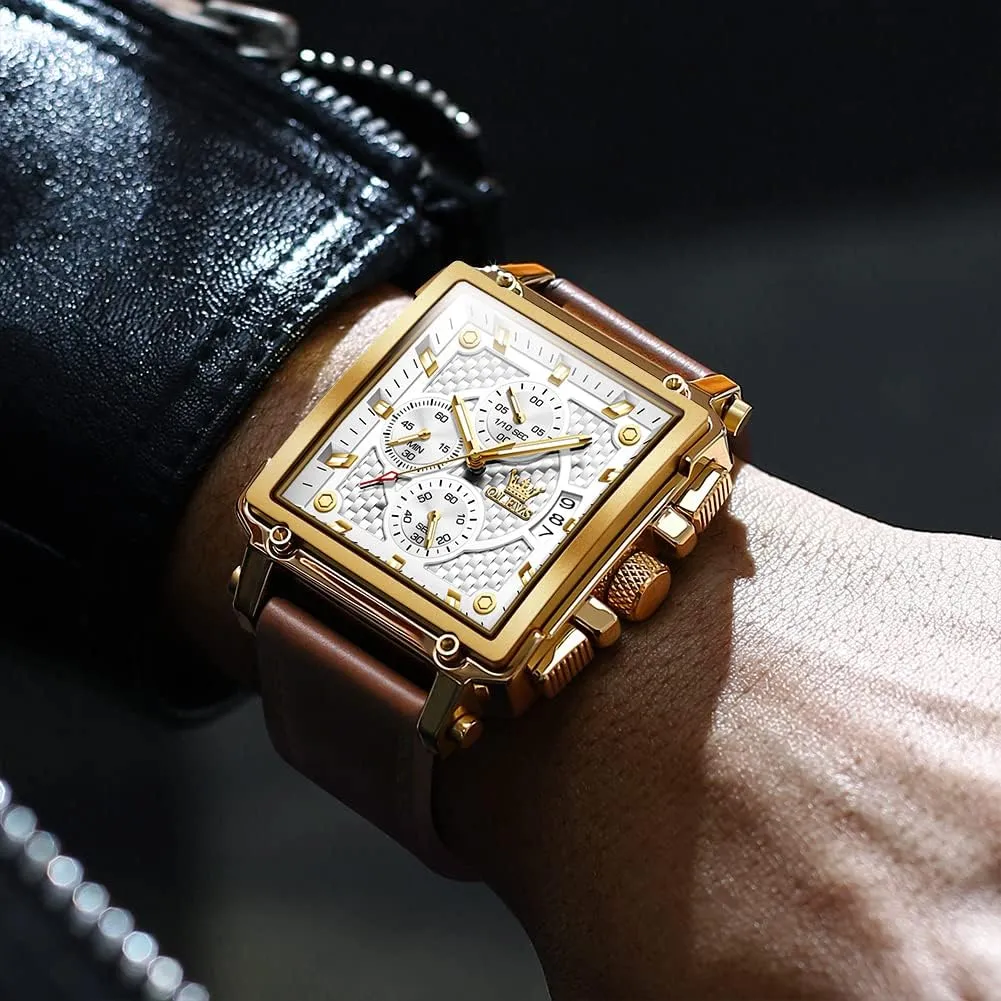 for Men, Fashion Easy to Read Dress Watch, Men's Waterproof Luminous Date Analog Watch, Gold/Black/White/Blue belter feat accompany Dial OLEVS Men's Casual Leather Watch, Big Face Chronograph Watch 