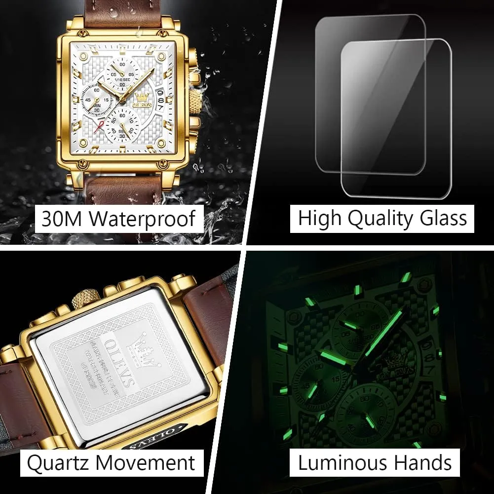 for Men, Fashion Easy to Read Dress Watch, Men's Waterproof Luminous Date Analog Watch, Gold/Black/White/Blue belter feat accompany Dial OLEVS Men's Casual Leather Watch, Big Face Chronograph Watch 