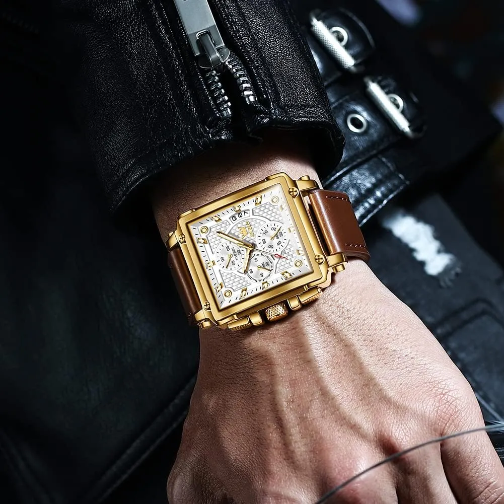 for Men, Fashion Easy to Read Dress Watch, Men's Waterproof Luminous Date Analog Watch, Gold/Black/White/Blue belter feat accompany Dial OLEVS Men's Casual Leather Watch, Big Face Chronograph Watch 