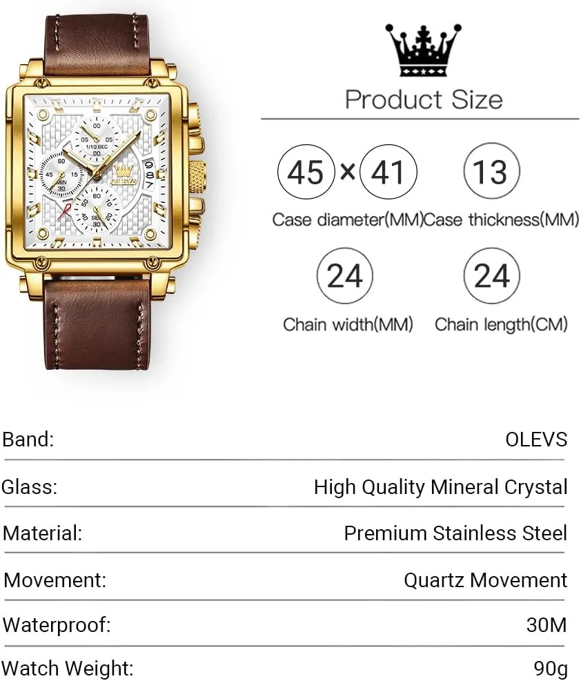 for Men, Fashion Easy to Read Dress Watch, Men's Waterproof Luminous Date Analog Watch, Gold/Black/White/Blue belter feat accompany Dial OLEVS Men's Casual Leather Watch, Big Face Chronograph Watch 