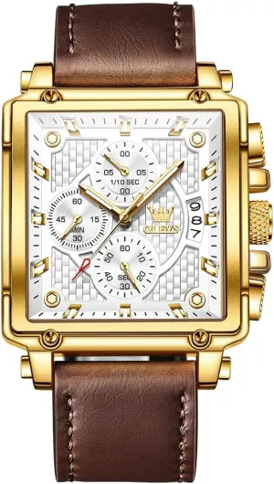 for Men, Fashion Easy to Read Dress Watch, Men's Waterproof Luminous Date Analog Watch, Gold/Black/White/Blue belter feat accompany Dial OLEVS Men's Casual Leather Watch, Big Face Chronograph Watch 