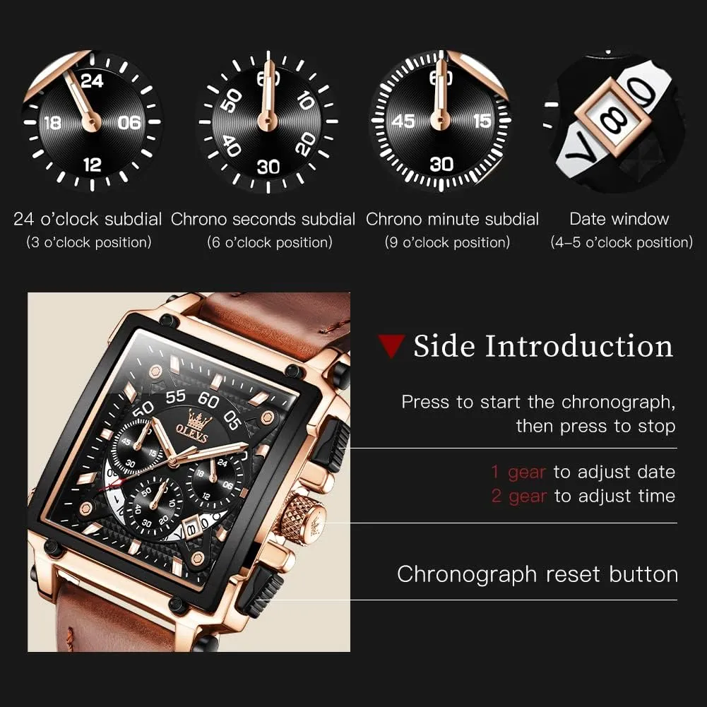 for Men Leather Multifunctional Chronograph Fashion Business Dress Analog Quartz oceanographer socialization Wrist Watches Luminous Waterproof OLEVS Square Watches 
