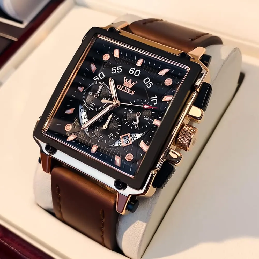 for Men Leather Multifunctional Chronograph Fashion Business Dress Analog Quartz oceanographer socialization Wrist Watches Luminous Waterproof OLEVS Square Watches 