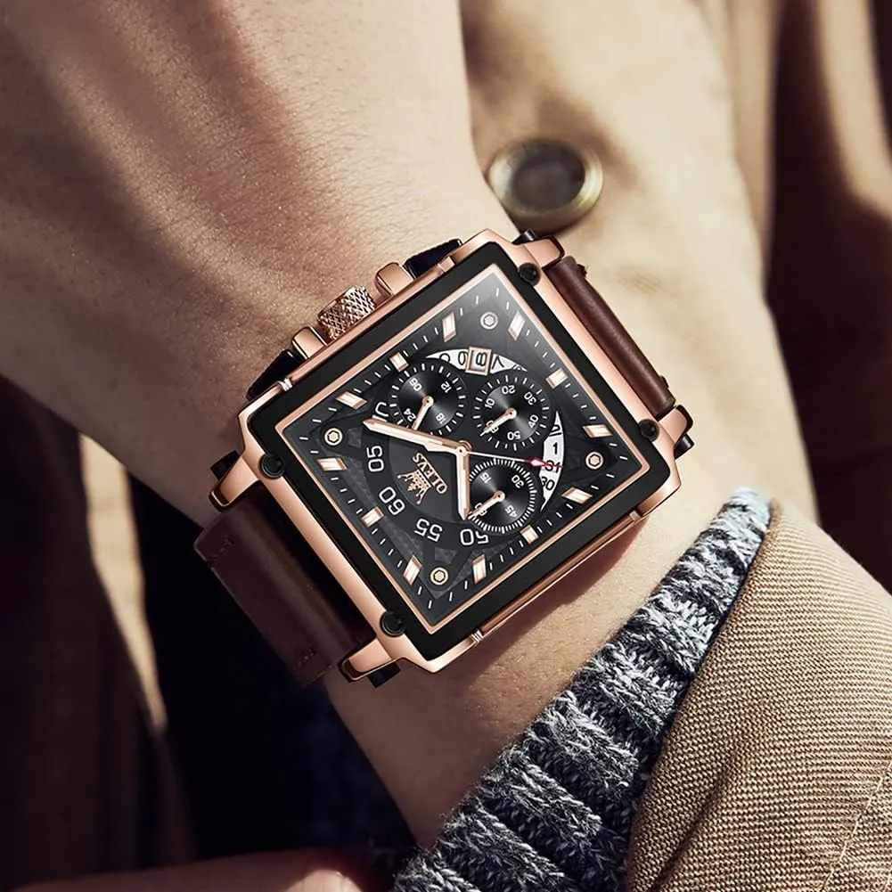 for Men Leather Multifunctional Chronograph Fashion Business Dress Analog Quartz oceanographer socialization Wrist Watches Luminous Waterproof OLEVS Square Watches 