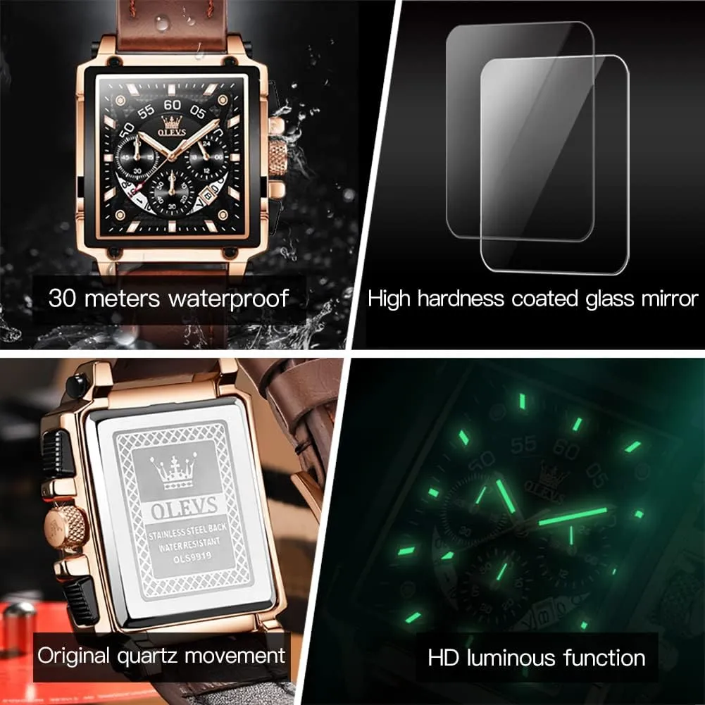 for Men Leather Multifunctional Chronograph Fashion Business Dress Analog Quartz oceanographer socialization Wrist Watches Luminous Waterproof OLEVS Square Watches 