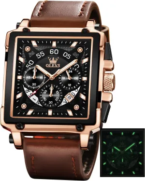 for Men Leather Multifunctional Chronograph Fashion Business Dress Analog Quartz oceanographer socialization Wrist Watches Luminous Waterproof OLEVS Square Watches 