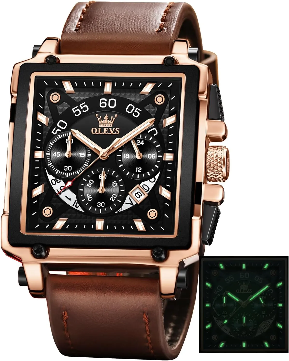 for Men Leather Multifunctional Chronograph Fashion Business Dress Analog Quartz oceanographer socialization Wrist Watches Luminous Waterproof OLEVS Square Watches 