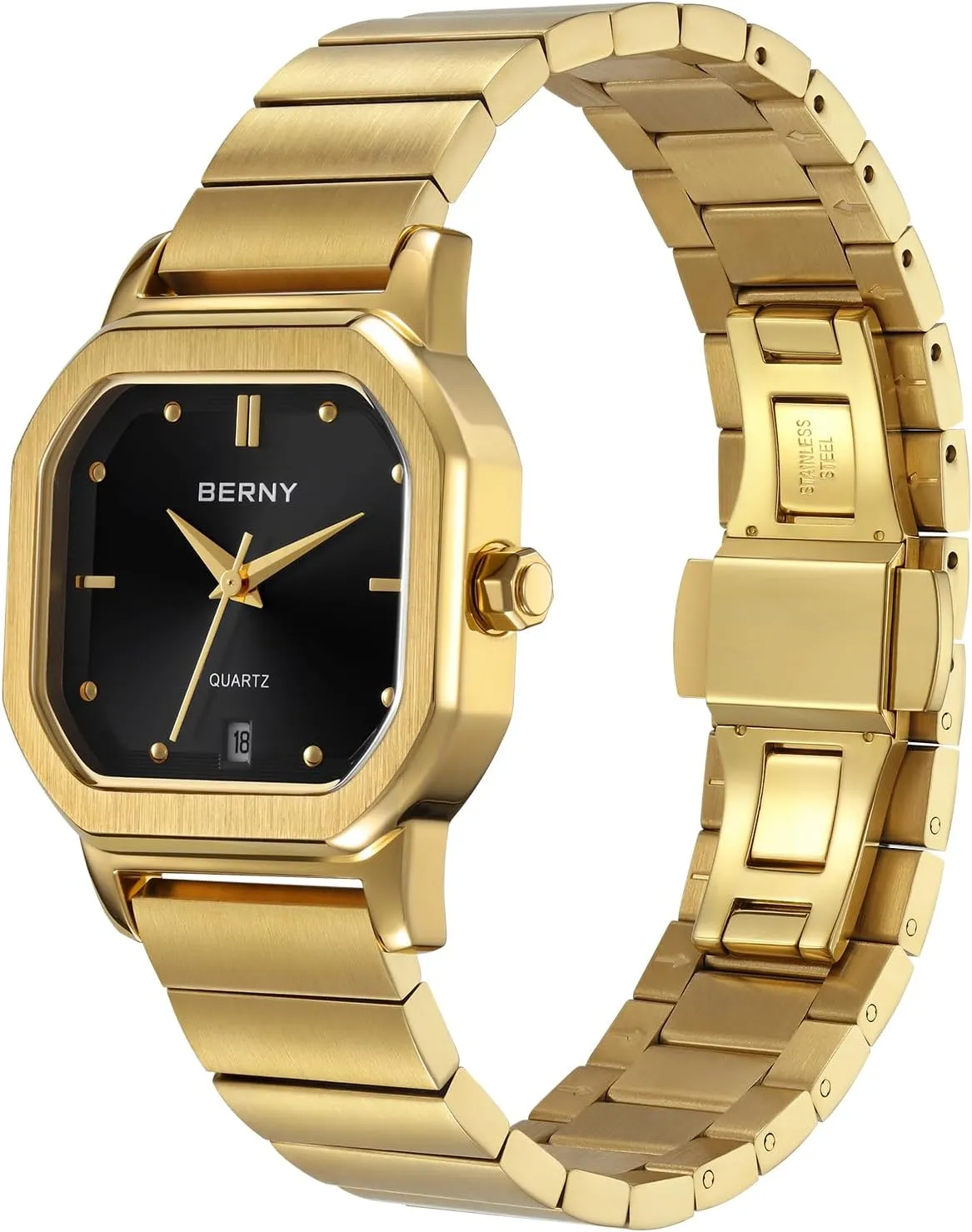 for Men Luxury Square Quartz Watch Men's Casual Analog barn peculiar tongue Watches with Date Calendar Japanese Movement Stainless Steel Case/Watch Band BERNY Gold Watch 