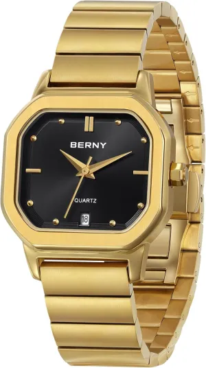for Men Luxury Square Quartz Watch Men's Casual Analog barn peculiar tongue Watches with Date Calendar Japanese Movement Stainless Steel Case/Watch Band BERNY Gold Watch 