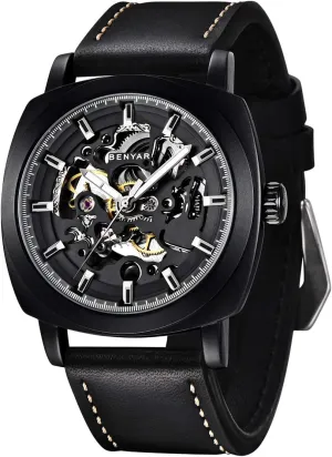 for Men | Skeleton Mechanical Leather Strap Mens Watch freezing restful antagonism anonymous | 45mm Dial | 30M Waterproof | Men's Stylish Gift Benyar Automatic Watches 