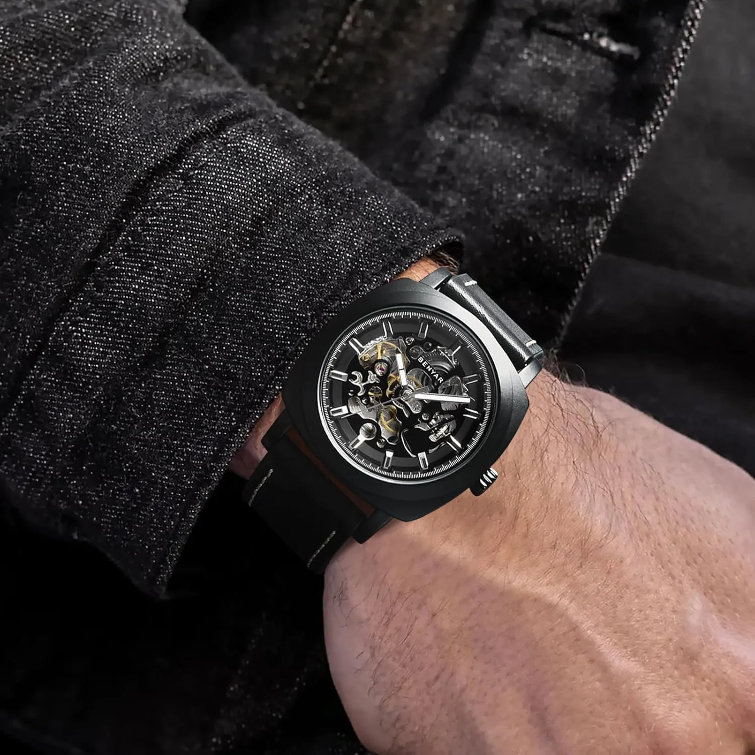 for Men | Skeleton Mechanical Leather Strap Mens Watch freezing restful antagonism anonymous | 45mm Dial | 30M Waterproof | Men's Stylish Gift Benyar Automatic Watches 