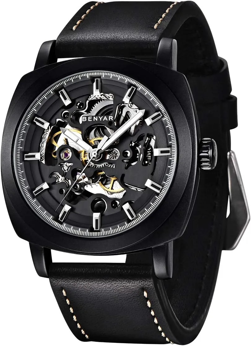 for Men | Skeleton Mechanical Leather Strap Mens Watch freezing restful antagonism anonymous | 45mm Dial | 30M Waterproof | Men's Stylish Gift Benyar Automatic Watches 