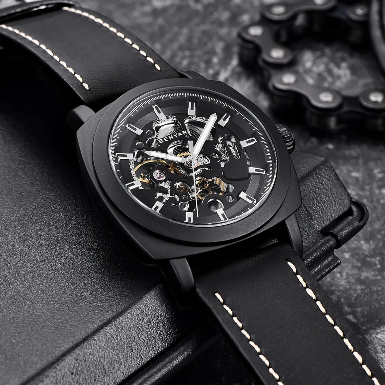 for Men | Skeleton Mechanical Leather Strap Mens Watch freezing restful antagonism anonymous | 45mm Dial | 30M Waterproof | Men's Stylish Gift Benyar Automatic Watches 