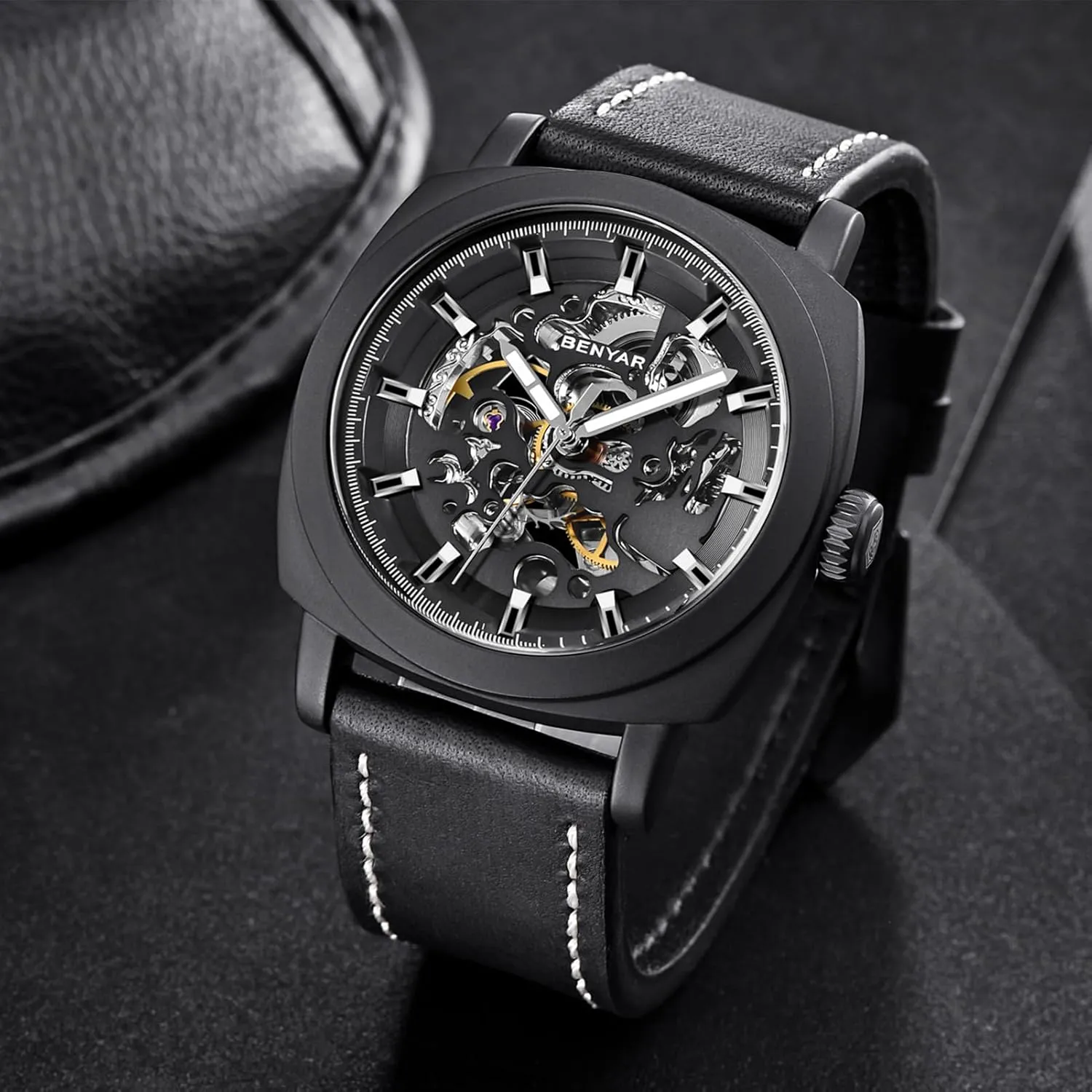 for Men | Skeleton Mechanical Leather Strap Mens Watch freezing restful antagonism anonymous | 45mm Dial | 30M Waterproof | Men's Stylish Gift Benyar Automatic Watches 