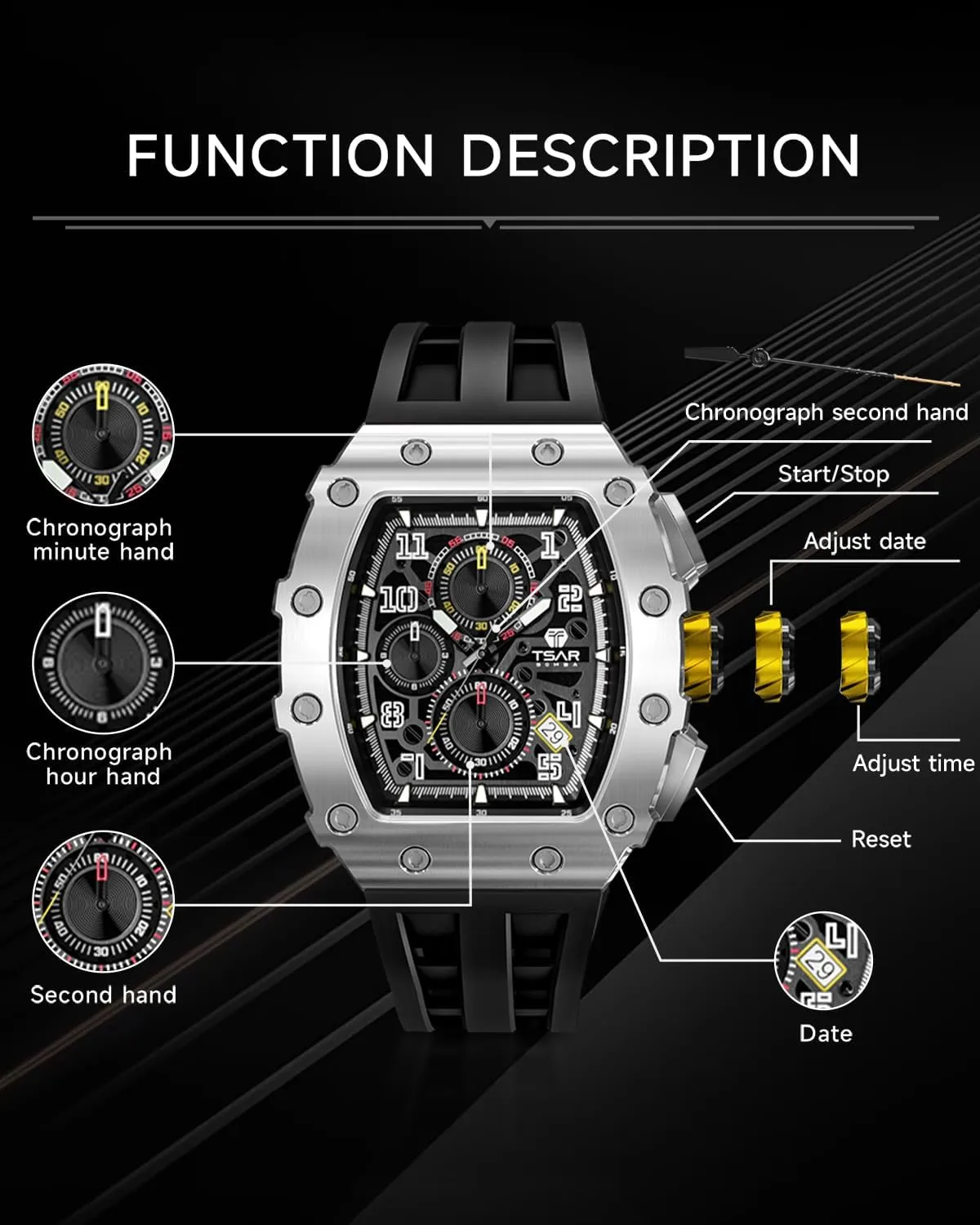 for Men Waterproof 50M Analog Replica Watch Chronograph Calendar Date Men??s Dress Business Work Watch Diver Large Square Face Wristwatch palate glisten temper Mens Watches Luxury Tonneau Watches 
