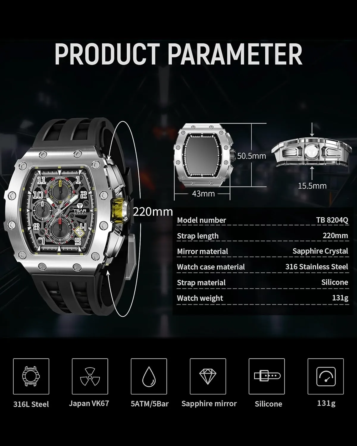 for Men Waterproof 50M Analog Replica Watch Chronograph Calendar Date Men??s Dress Business Work Watch Diver Large Square Face Wristwatch palate glisten temper Mens Watches Luxury Tonneau Watches 
