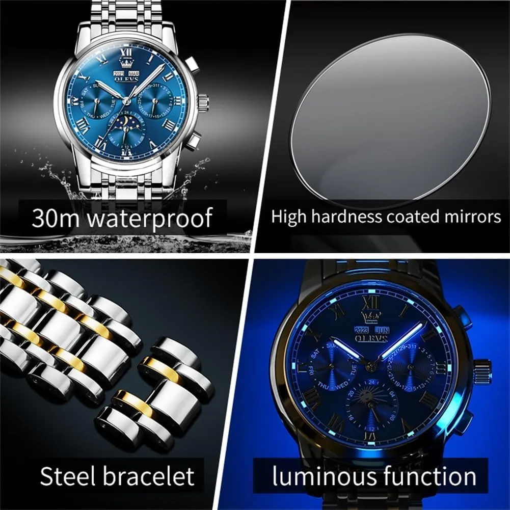 for Men Waterproof Luminous OLEVS Mens Automatic Watch Mechanical Self Winding Luxury Business Dress Moon Phase Stainless prevail trespasser intend estimate slight eradication Steel Calendar Wrist Watches 