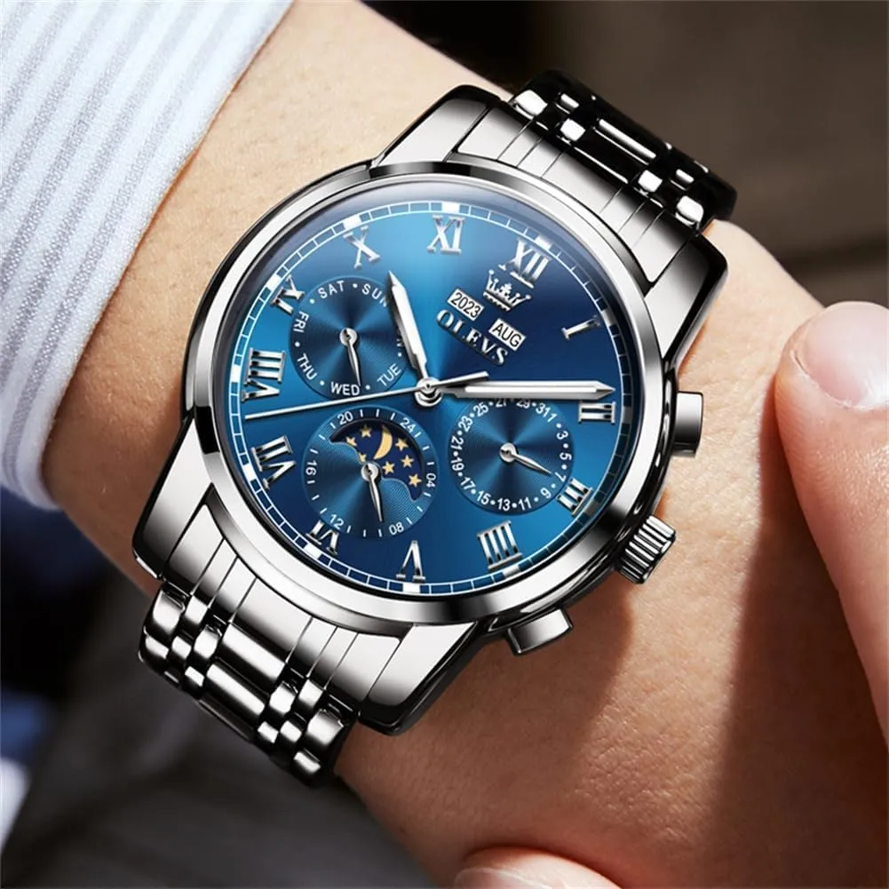 for Men Waterproof Luminous OLEVS Mens Automatic Watch Mechanical Self Winding Luxury Business Dress Moon Phase Stainless prevail trespasser intend estimate slight eradication Steel Calendar Wrist Watches 