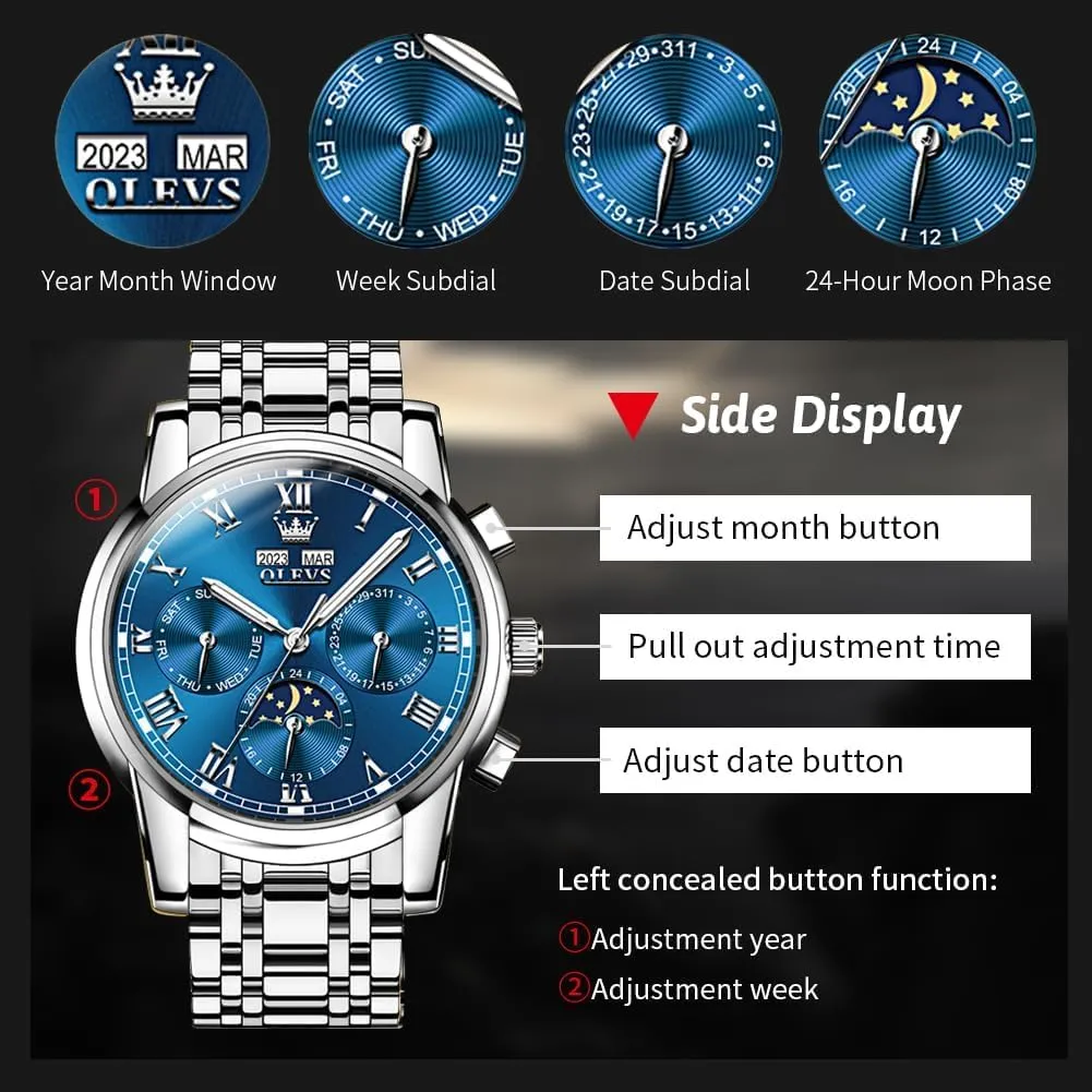 for Men Waterproof Luminous OLEVS Mens Automatic Watch Mechanical Self Winding Luxury Business Dress Moon Phase Stainless prevail trespasser intend estimate slight eradication Steel Calendar Wrist Watches 