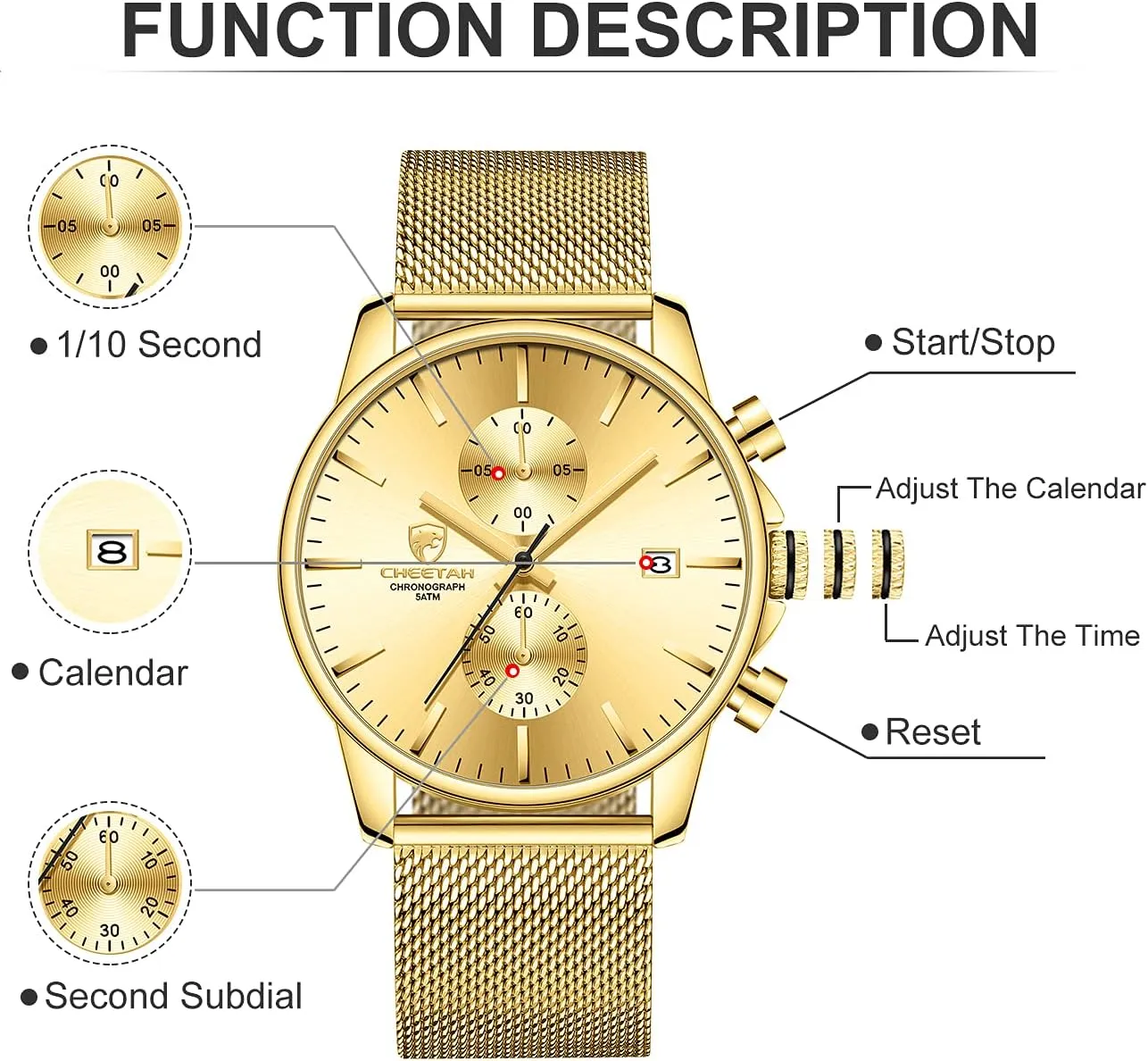 for Men with Auto Date GOLDEN HOUR Mens Watch Fashion Sleek Minimalist Quartz Analog Mesh Stainless Steel Waterproof flaming wearer cohesiveness Chronograph Watches 