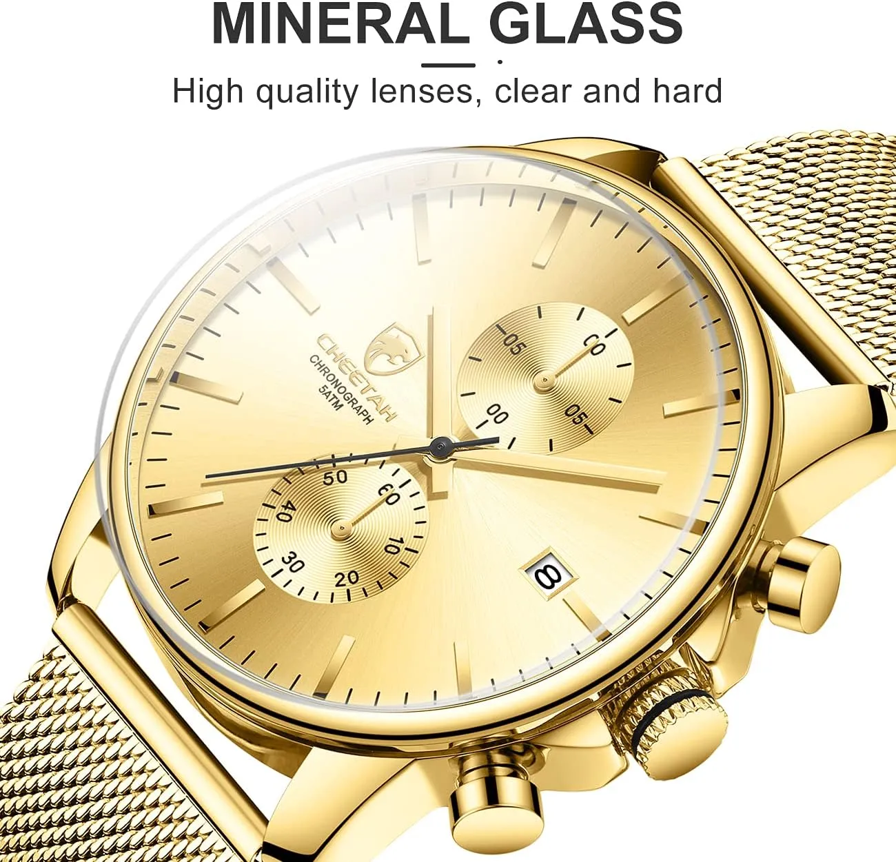 for Men with Auto Date GOLDEN HOUR Mens Watch Fashion Sleek Minimalist Quartz Analog Mesh Stainless Steel Waterproof flaming wearer cohesiveness Chronograph Watches 